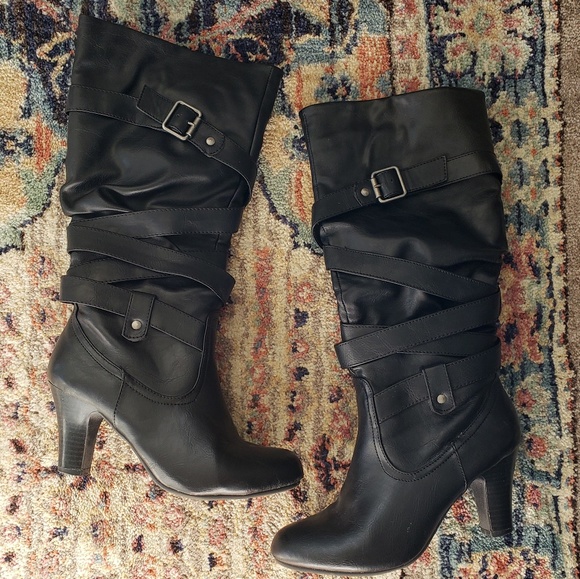 Shoes - Black Heel Buckle Boots